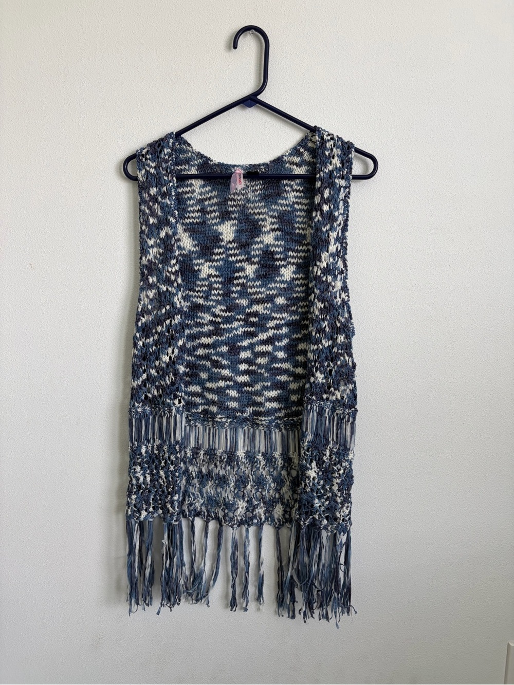 Love By Design Blue & Cream Knit Fringe Vest